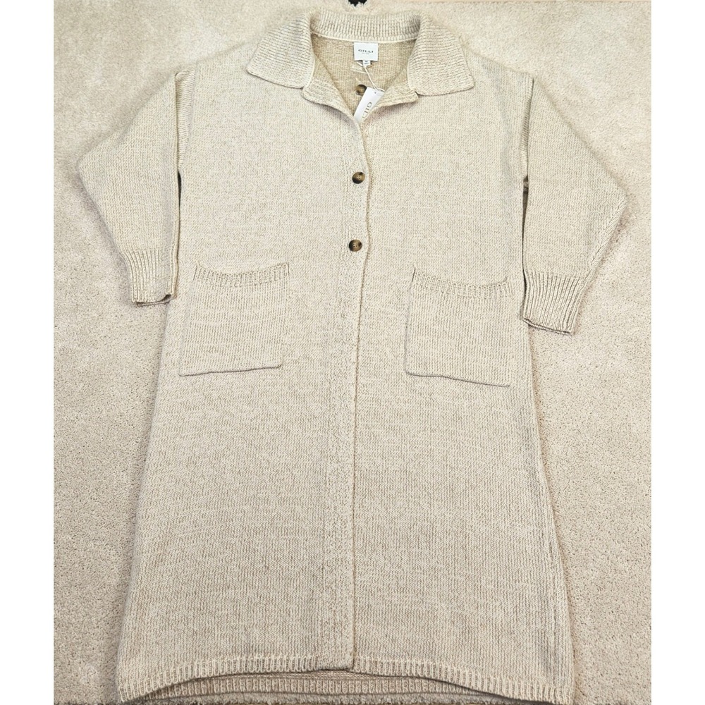 NWT Gilli Long Knit Button Front Cardigan Duster Sweater Beige M Cozy Minimalist